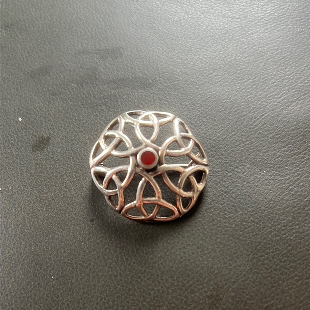 Silver Celtic Knot Brooch with Red Accent